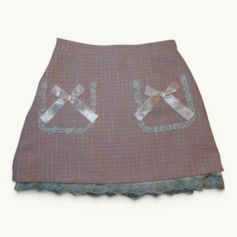 Pink Tweed Lace Bow Pocket Mini Skirt Coquette Balletcore Size M Approx